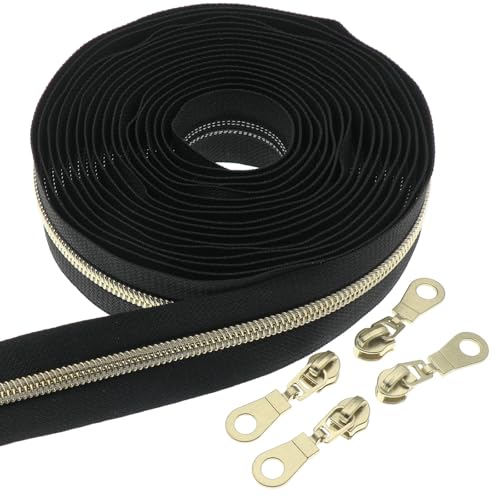 Leekayer #5 Fermetures à glissière en Nylon métallisé Or par la Cour en Vrac 4.5 mètres de Ruban Noir avec 10 curseurs en Or pour Bricolage Couture Sac...