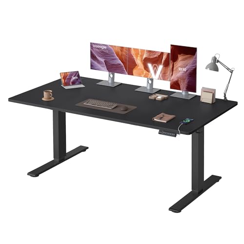 VASAGLE Escritorio Ajustable en Altura, 160 x 80 cm, Puerto USB-C, Estante para Regleta Eléctrica, Recordatorio de Sedentarismo, 3 Botones de Memoria, para Oficina, Negro Tinta LSD146BZ02