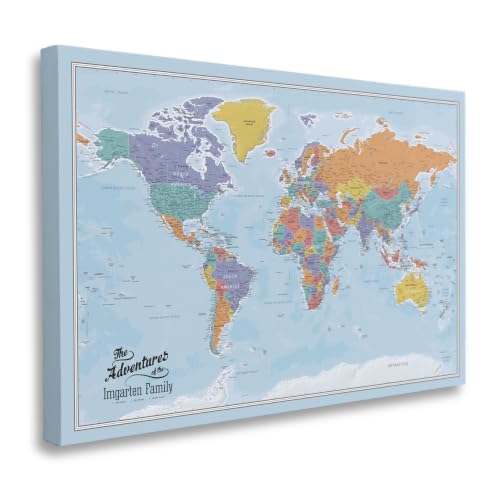 Image of Blue Oceans World Map with Pins - Personalized Travel Tracker - Modern Frameless Canvas Wall Art - Gallery Wrap - 30 inch x 45 inch