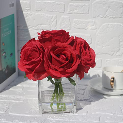 Rubystory Red Roses Silk Flowers In Vase With Fake Water, Artificial Rose With Vase For Home Decor Indoor, Wedding Table (Red) #TOP5