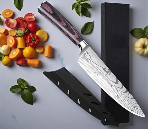 Image of Professional Damascus Steel Chef Knife, 8-inch Blade, Black Handle