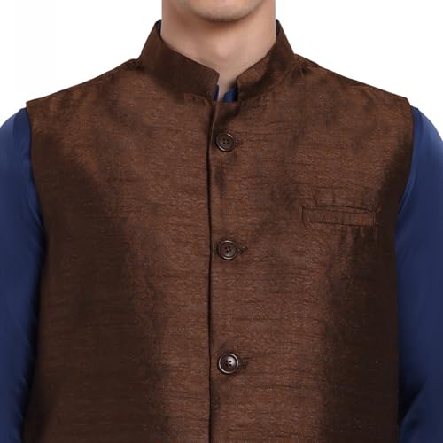 Image of SKAVIJ Mens Embellished Ethnic Wear Nehru Jacket Floral Printed Formal Waistcoat Regular Fit (Small,Brown)