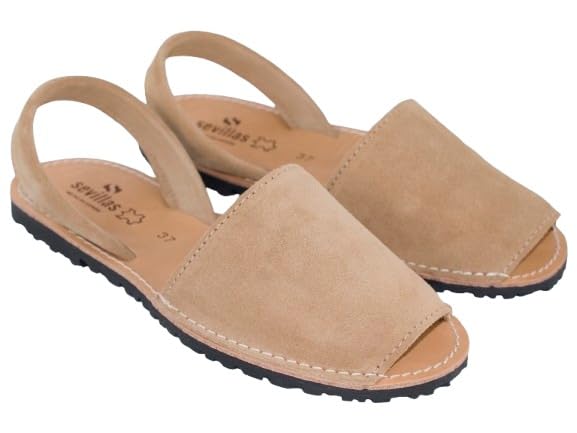 Sevillas Sandalia Menorquina, Azul Marino, Arena y Mostaza, Suela Negra, Estilo Clásico Español (ARENA, Sistema tallas calzado EU, Adulto, Mujer, Números, mediano, 40)