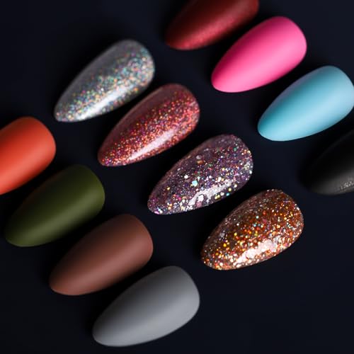 Teenitor 288pcs Short Almond Press on Nails for Women, 12 Sets of Short Fake Nails with Glue, Matte & Glitter Finish