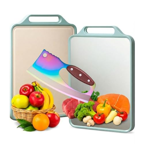 Image of RENVA Stainless Steel Cutting Board,Double Sided Steel Cutting Boards for Kitchen and Premium Carbon Stainless Steel Chef Knife Set with Wooden Handle(Green, Chopping Board with Knife)