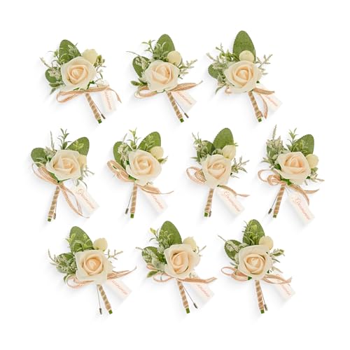 TINGE TIME Boutonniere for Men Wedding,Groom and Best Man Boutonniere for Wedding Ceremony Anniversary, Formal Dinner Party and Rustic Spring Wedding Marriage (Champagne)