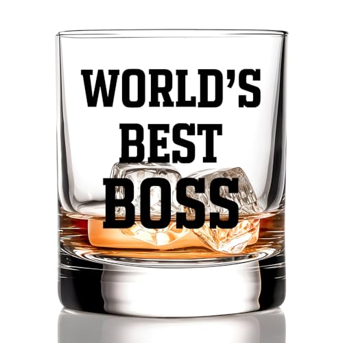 RZHV World’s Best Boss Old Fashioned Whiskey Glass, Funny Office Christmas Birthday Gifts for Boss Colleague Work Partner Employee, New Jobs Promotion Gifts for Men Women Coworker Brother Sister BBF