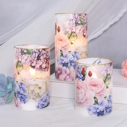 Image of Hydrangea Rose Flameless Candles with Remote Control & Timer Function - Real Wax Glass Battery Operated Candles - Home Farmhouse Holiday Christmas Valentine's Day Decorations - Set of 3