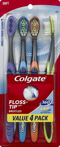 Image of Colgate 360 Advanced Floss Tip Soft Bristle Toothbrush, 17x Thinner Bristles for Deep Reach Between Teeth, Ergonomic Handle with Soft Bristles and Tongue Cleaner, 8 Pack