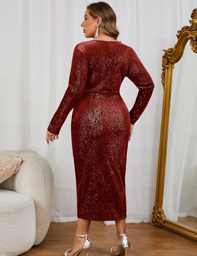 Image of ZOMVA Plus Size Velvet Wrap Dress Ruched Bodycon Dress Long Sleeves Ruffle Long Elegant Party Wedding Guest Cocktail Holiday