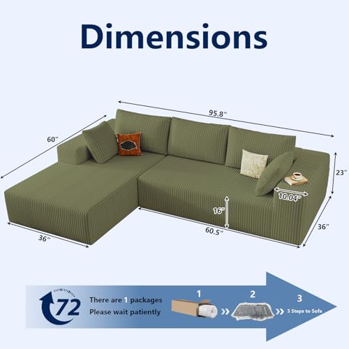 Image of 96 inch Modular Sectional Sofa, Modern Corduroy Cloud Couch with Deep Seat, Boneless Couch Upholstered 3-Seater L-Shaped Sofa for Living Room, No Assembly Required (Green, Left-Facing Chaise)