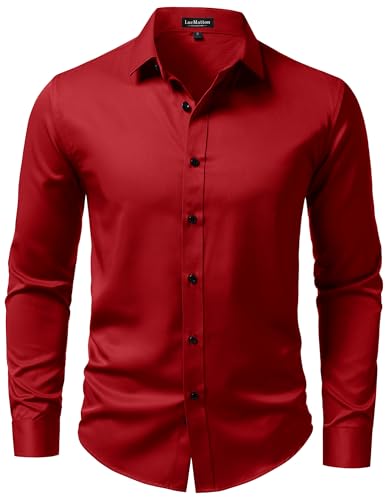 LucMatton Mens Long-Sleeve Button-Up Dress-Shirt Modern Slim-Fit Wrinkle-Free Wedding Formal Shirts Red Large