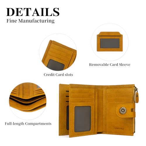 Image of RFID Blocking Womens Wallet,Genuine Leather Compact Small Wallet | (Bright Yellow)16credit card slots,4xid window,1xcoin zipper pocket,2xfull-length compartments,1 Removable ID Window
