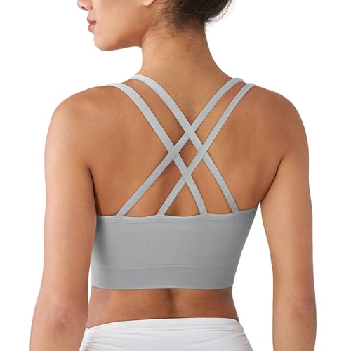 Image of WOYYHO Cross Back Sports Bra for Women Padded Medium Support Workout Bra | 3 Pack, Strappy, Removable Pads, Soft, Spaghetti Strap, Moisture-Wicking, Seamless, for Athletic Yoga Gym Fitness Daily