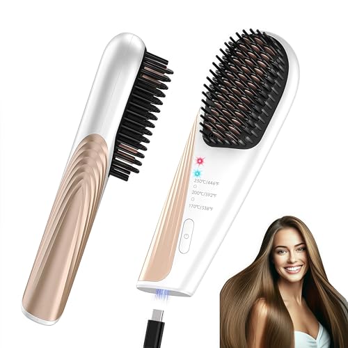 Cordless Hair Straightener Brush: Portable Straightening Brush for Travel - 10000mAh USB-C Rechargeable, 30s Fast Heating, 300 Million Negative Ions, Mini Hot Straightening Comb for Women