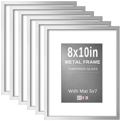 Image of VCK 8x10 Picture Frame Silver Metal, Real Glass, 5x7 Mat, 6 Pack, for Arts