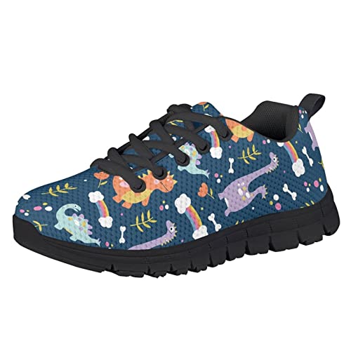 HUIACONG Dinosaur Boy's Light Weight Sneakers Rainbow Girls' Comfy Lace Up Shoes Kids' Platform Wide Width Shoes Size 4 Children Flexible Elastic Footwear