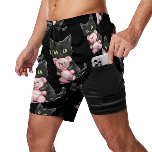 Black Cat Friend Teddy Bear Beach Shorts for Men Swim Trunks Quick Dry Swim Shorts with Compression Liner Pocket2