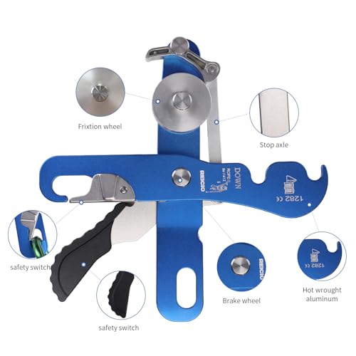 REISIO Climbing Stop Descender for 9-12mm,Self-Braking Self Locking Belay Device Rescue Equipment Hand Controls with Mountain Climbing Cave Rappelling Aerial Work Rescue Activities (Blue)
