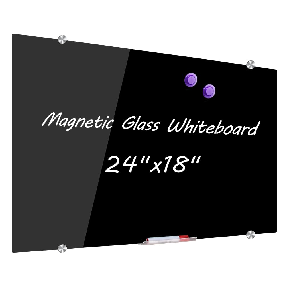 Magnetic Black Glass Dry Erase Board, 24 x 18 Inches (60 x 45 cm), Small Frameless Wall Mounted Writing Glass Whiteboard with 4 Markers, 2 Magnets, 1 Eraser