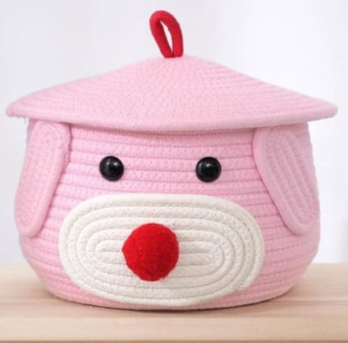 Image of BROOM Home Cute Baby Bear Handmade Jute Cotton Woven Storage Basket With Cap, Nursery Organizers And Storage,Kids Basket, Toy Bin, Baby Gift (Pink)