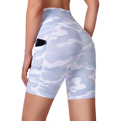 Women's High Waist Yoga Shorts with Side Pockets Tummy Control Running Gym Workout Biker Shorts for Women 8" /3", 8" White Camo, Large Cover