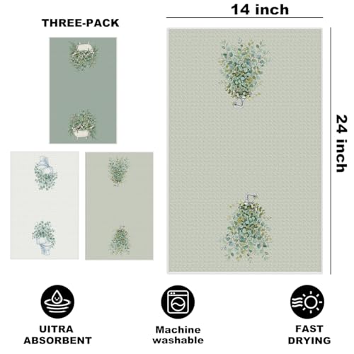 Image of 3 Pcs Eucalyptus Hand Towels 24x14 Inch, Botanical Reusable Dish Towels | Waffle Weave Hand Cloth Tea Towel for Kitchen Farmhouse Decor, Green Leaves Gifts for Women Friend