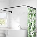 U Shaped/L Shaped Shower Curtain Rail, (60-91) X (78-196) X (60-91) cm Adjustable Curved Shower Curtain Pole With 12 Rings & Ceiling Support For Bathroom & Bathtubs, Need Drilling - Matte Black
