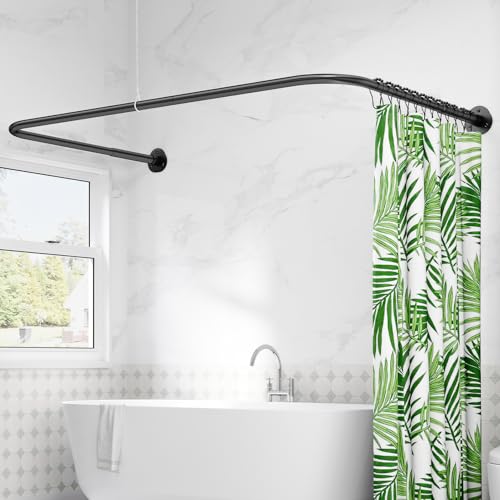 U Shaped/L Shaped Shower Curtain Rail (60-91) X (78-196) X (60-91) cm Adjustable Curved Shower Curtain Pole With 12 Rings & Ceiling Support For Bathroom & Bathtubs Need Drilling - Matte Black