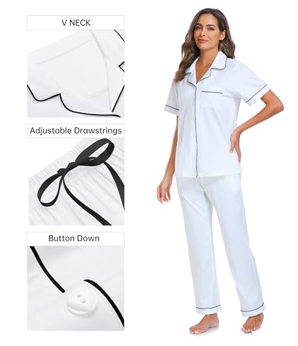 Image of CF Womens 100% Cotton Pajamas Set Button Down Pjs Sets Short Sleeve Top & Long Pants Sleepwear Comfy Loungewear with Pockets