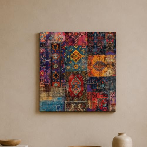 Image of PAINTINGMANTRA Vintage Persian Pattern Stretched Canvas Painting for Living Room | Bohemian Patchwork Design Wall Decor Art For Livingroom, Bedroom, Office, Hallways - 16x16 Inch