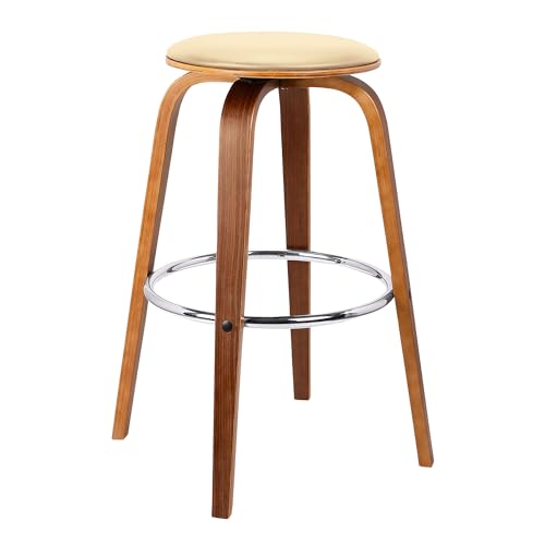 Armen Living Harbor Butaco Moderno de Mediados de Siglo 26" Altura de Asiento Sin Respaldo Giratorio en Cuero Sintético Crema y Madera Nogal para Barra de Cocina miniatura 1