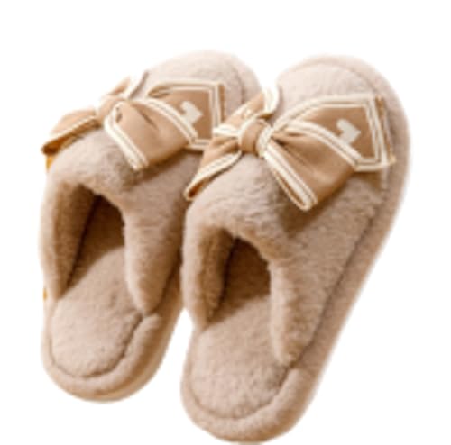 Women's Fuzzy Bow Slippers Cute Elegant Style Warm Faux Fur Non-Slip Soft Sole Indoor Outdoor Winter Shoes