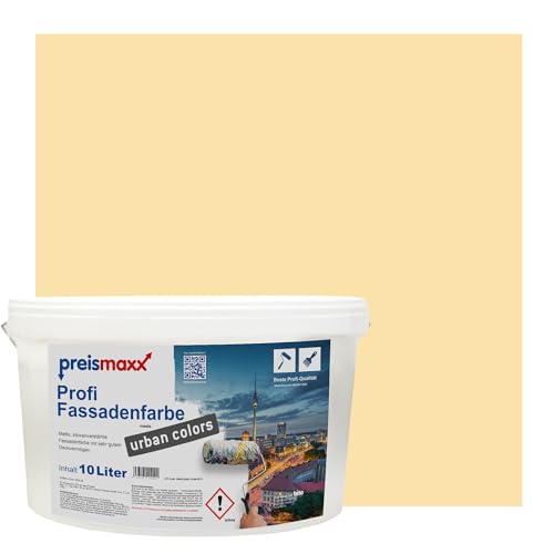 Preismaxx Profi Fassadenfarbe urban colors, bunte Außenfarbe, gelb, sandgelb, sand yellow 10L, matte, wasserabweisende Aussen-Dispersion, hohe Wasserdampfdurchlässigkeit