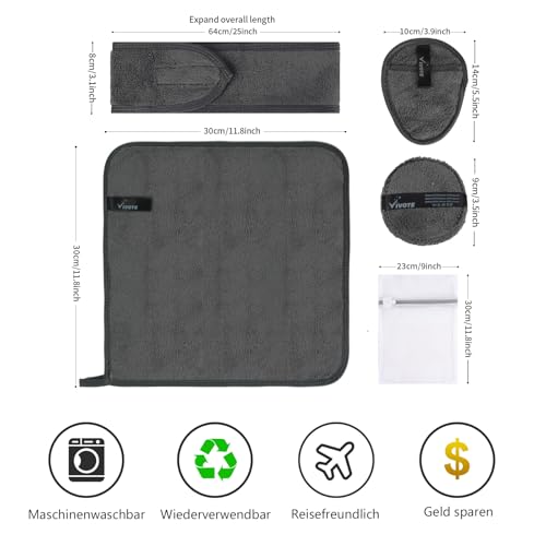 VIVOTE Abschminkpads Waschbar, Mikrofaser Gesichtsreinigungstücher, Waschbar und Wiederverwendbar Microfaser Abschminktücher, mit Wäschesack, 7 Stück Grau