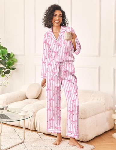 Image of Ekouaer Womens Silk Satin Pajama Sets 2 Piece Sleepwear Pjs Set Long Sleeve Button Down Top and Pants Stripe Loungewear S-XXL
