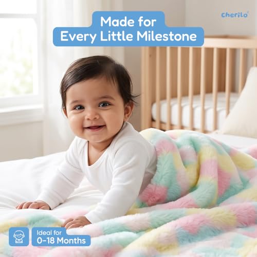 Image of Cherilo Ultra Soft Baby Blanket, Double-Sided Plush Faux Fur, Skin Friendly & Machine Washable, Ideal for New Born Baby Gifts, 100 x 75 cm, 0-18 Months, Pastel Rainbow (Pack of 1)