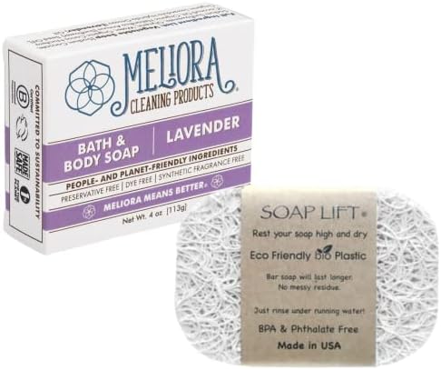MightyNest Lavender Scented Meliora Bath & Body Soap | Soap Bar with Self Draining Soap Lift Soap Saver Bundle | Vegan, All Natural and Eco-Friendly | Two Piece Set