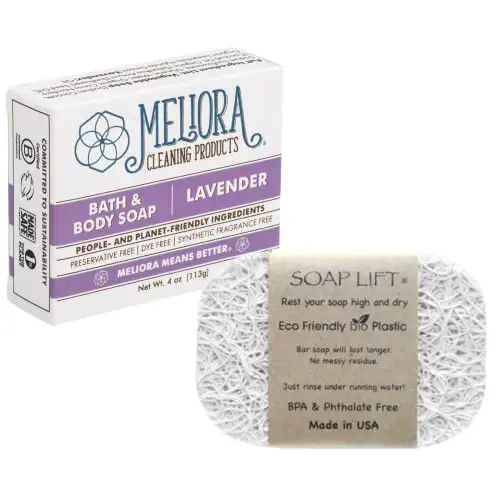 MightyNest Lavender Scented Meliora Bath &amp; Body Soap | Soap Bar with Self Draining Soap Lift Soap Saver Bundle | Vegan, All Natural and Eco-Friendly | Two Piece Set