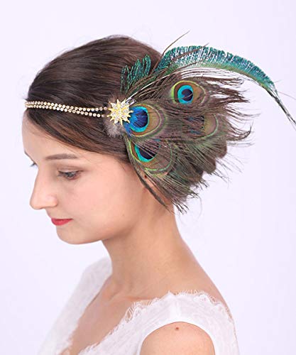 Anglacesmade Diadema de plumas de pavo real tocado con cadena de cristal...