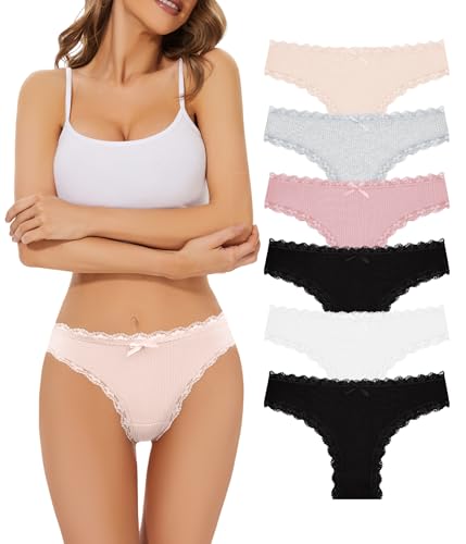 POWER FLOWER Tangas de Encaje y Algodón para Mujer – Braguitas G-String de Tiro Bajo, Ropa Interior Suave y Transpirable, Pack de Bragas T-Back (60029, S-M)