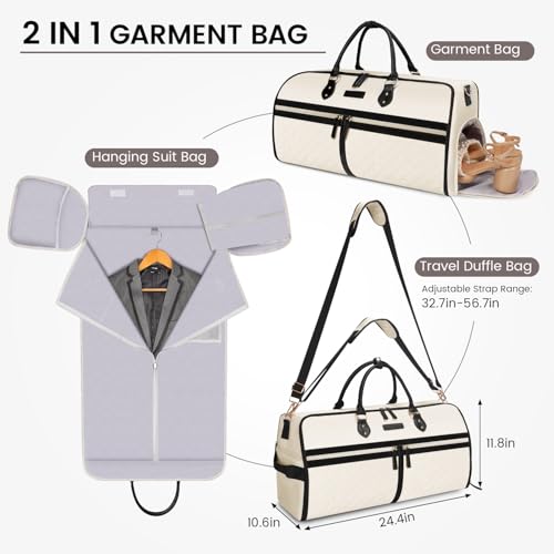 Convertible Garment Duffle Bags for Travel, Carry On Garment Bag with Shoe Compartment, 2 In 1 Travel Suit Bag with Shoulder Strap for Men Women, Waterproof Weekender Bag for Business Trip,Cream2