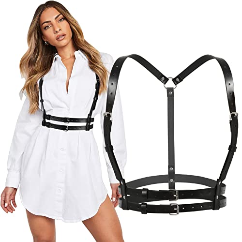 WERFORU Damen Punk Taillengürtel Verstellbare PU Leder Körperkette Gürtel für Frauen Mädchen Cosplay Rave Outfit Halloween Kostüm Schwarz