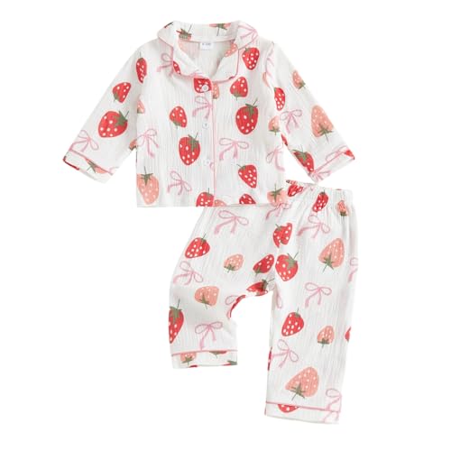 Kuriozud Toddler Baby Girl Pajamas Button Down Strawberry/Bow Top And Pants Cotton Linen Sleepwear Little Kids Girls Pajamas