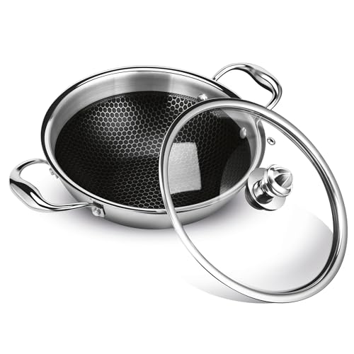 Image of MILTON Pro cook Induction Cookware & Gas Stove Friendly Triply Hexa Tech Stainless Steel Kadhai with Glass Lid, 22 cm | 3 Layer Heavy Bottom Kadhai for Cooking | Easy to Clean | 3 Years Warranty