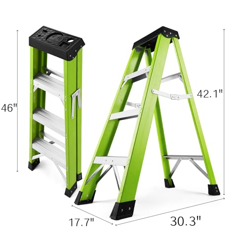 Image of Fiberglass Ladder, Single-Sided Stepladder for Electrical Engineering Ladder Construction with a Load Capacity of 330 pounds (3 Step-Green)