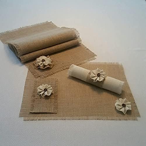 Burlap Vintage Shabby Chic Table Runners, Placemats, Silverware Holders, Napkin Rings or Decorative Napkins with Handmade White Burlap Flower Accent (Quantities of 4 or 6)
