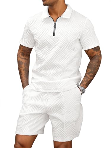 Runcati Mens Summer Track Suits Short Sleeve 1/4 Zip Golf Polo Shirts 2 Piece Shorts Sets Casual Textured Sweatsuit Outfits