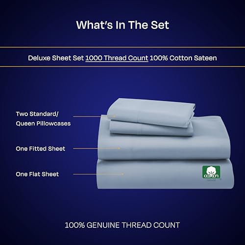 California Design Den Bed Sheets Queen Size Set - Luxury 1000 Thread Count Sateen, Thick and Natural 100% Cotton Bed Sheet, Deep Pockets, Soft, Breathable and Durable Bedding Set - Blue