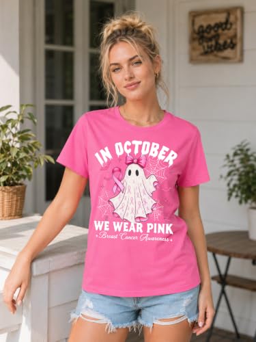 Image of Breast Cancer Shirts for Women Pink Ribbon Shirt Breast Cancer Survivor Tee | Pink Breast Cancer Shirt In October We Wear Pink Tee Breast Cancer Awareness Shirts Halloween Ghost Graphic Short Sleeve Top